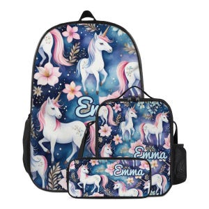 Unicorns Personalized Backpack Set for Kids Custom Name Schoolbag Lunch Bag Pencil Case Bookbag School Supplies Back to School Gift  Girls