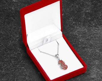 Symbol of Love Natural Garnet Stone 925 Sterling Silver Seahorse Necklace, Handmade Garnet Stone Necklace for Women with red box for gift