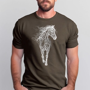 May include: A dark olive green t-shirt featuring a white line art illustration of a running horse. The horse design is detailed with flowing lines, creating a dynamic and artistic representation of the animal. The shirt is a classic crew neck style.