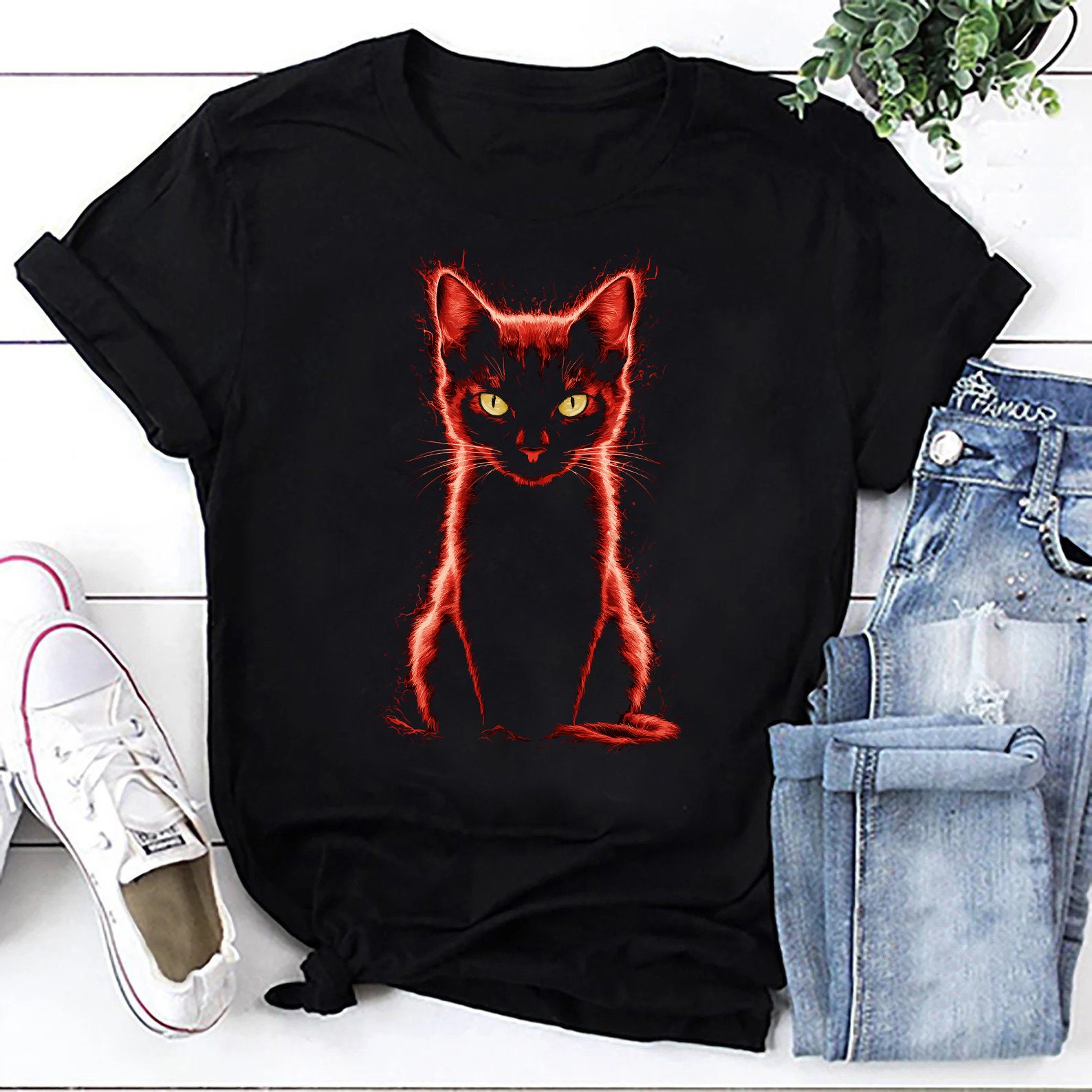 Black Cat Shirt, Neon Red Cat T-shirt, Cat Mom Gift, Cute