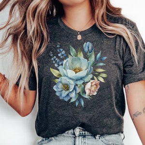 Blue Watercolor Floral T-Shirt: Botanical Wildflower Tee