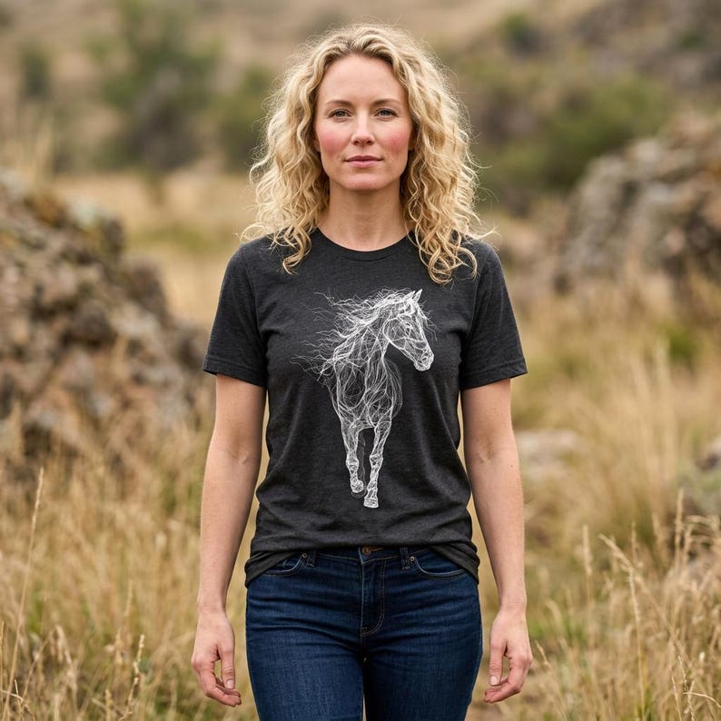 May include: Dark gray t-shirt featuring a white, stylized illustration of a horse. The horse design has flowing lines, suggesting movement. The shirt is paired with blue jeans. The overall theme is equestrian and nature-inspired.