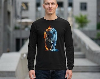 Fire and Ice Black Panther Long Sleeve Tee: Unisex Flaming Big Cat Shirt