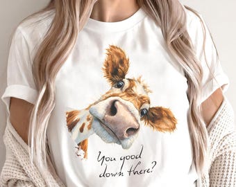 Camiseta "Vaca Curiosa: Você está bem aí embaixo?" | Camiseta engraçada com animais de fazenda