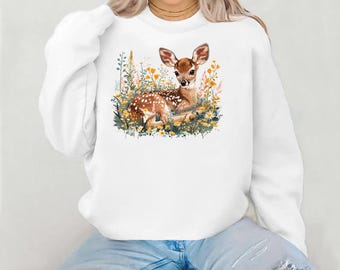 Floral Baby Deer Sweatshirt: Cozy Fawn Jumper, Nature Lover Gift