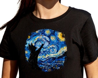 Starry Night Cat T-Shirt: Van Gogh Art, Funny Cat Owner Gift