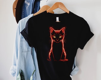 Black Cat Shirt, Neon Red Cat T-shirt, Cat Mom Gift, Cute