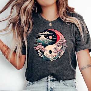 Japanese Yin Yang T-Shirt: Fuji & Cherry Blossom Design, Yoga and Meditation Gift
