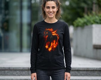 Camiseta de manga comprida Cavalo Flamejante | Camiseta Unissex Garanhão de Fogo