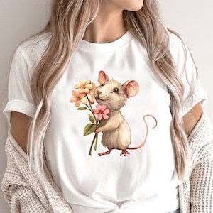 Cute Mouse Shirt, Mouse with Bouquet T-Shirt, Whiskers and Wildflowers Tee, Happy Cartoon Mouse, Asking Forgiveness Gift, Floral Mouse Shirt