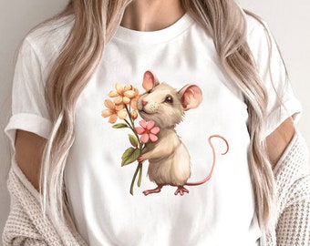 Cute Mouse Shirt, Mouse with Bouquet T-Shirt, Whiskers and Wildflowers Tee, Happy Cartoon Mouse, Asking Forgiveness Gift, Floral Mouse Shirt