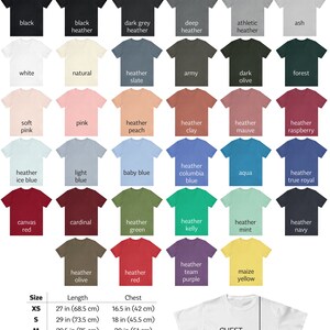 May include: Unisex Bella + Canvas 3001 T-Shirt size chart with a variety of colors, including black, white, natural, heather slate, army, dark olive, forest, soft pink, pink, heather peach, heather clay, heather mauve, heather raspberry, heather ice blue, light blue, baby blue, heather columbia blue, aqua, heather true royal, canvas red, cardinal, heather green, heather kelly, heather mint, heather navy, heather olive, heather red, heather team purple, maize yellow. The chart shows the length and chest measurements in inches and centimeters for sizes XS to 5XL.
