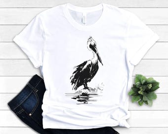 Pelican Tee, Seaside Wildlife Shirt, Minimalist Black Ink Bird Illustration, Birdwatcher Gift