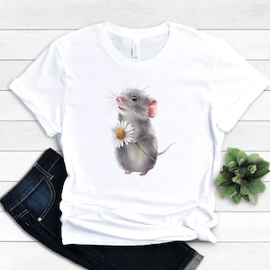 Cute Mouse with Daisy Flower Shirt, Happy Cartoon Mouse, Asking Forgiveness Gift, Floral Mouse T-Shirt, Mice T-shirt, Daisy Mouse Tee