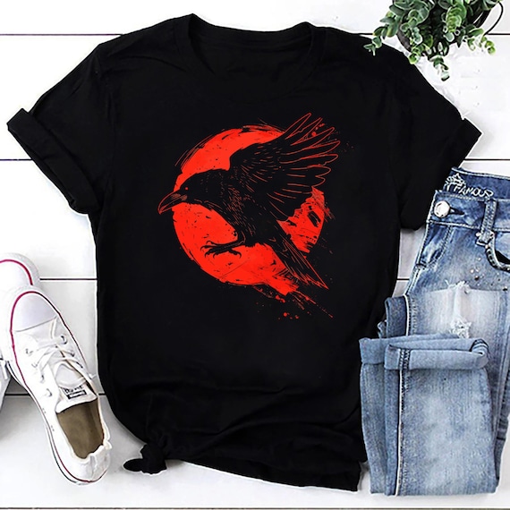 Raven T-Shirt: Norse Mythology Crow, Red Sun Symbol