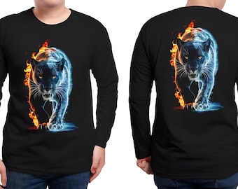 Camiseta de manga comprida unissex Pantera de Fogo e Gelo | Estampa de Pantera Elemental na frente e nas costas