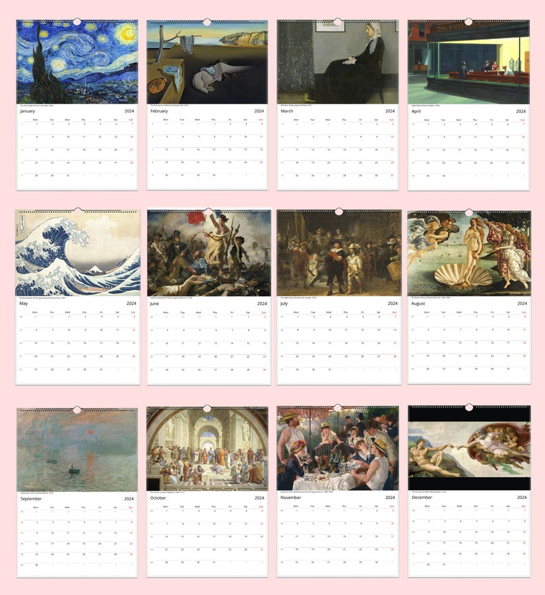 Famous Paintings Wall Calendar 2024 A3 11.7 X 16.5 In Etsy