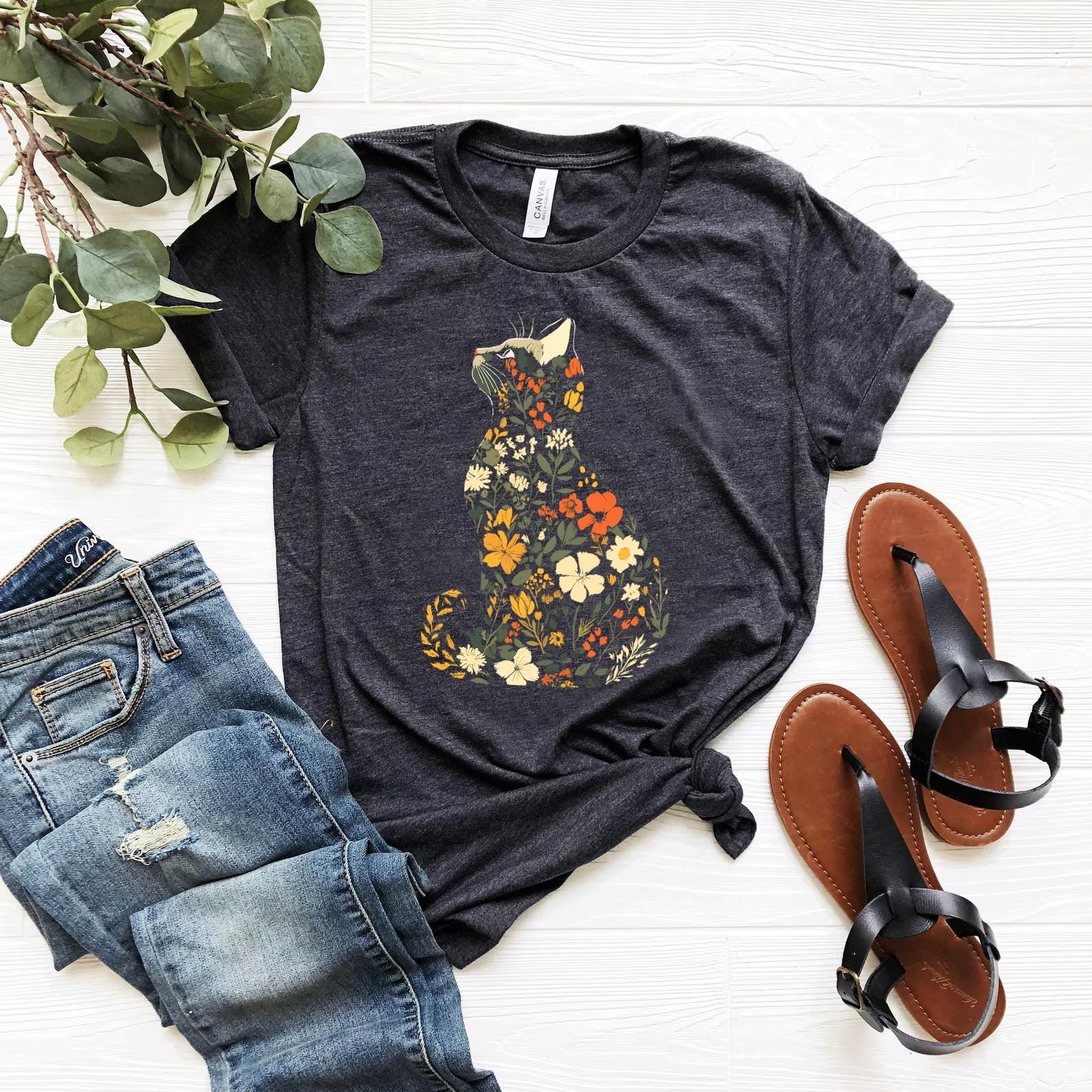 Floral Cat T-shirt: Nature Graphic Tee, Cat Lover Gift, Flower Kitty ...
