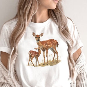 Mama and Baby Deer T-Shirt: Watercolor Fawn Tee, Wildlife Gift