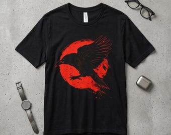 Raven T-Shirt: Norse Mythology Crow, Red Sun Symbol