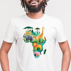 Maglietta con mappa africana del safari, maglietta con mappa della fauna selvatica africana, maglietta con animali africani della natura, maglietta con safari nella giungla, elefante, giraffa, leone, rinoceronte, leopardo