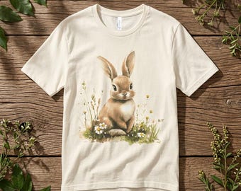 Puede incluir: Camiseta color crema con una ilustración en acuarela de un conejo marrón sentado en un campo de flores silvestres. El conejo tiene orejas largas y está rodeado de hierba verde y margaritas blancas. La camiseta es de material suave.
