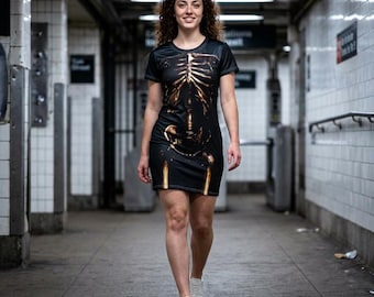 Vestido camiseta com estampa de esqueleto | Design anatômico de raio-X da coluna vertebral e caixa torácica | Vestido gótico para Halloween