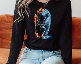 Camiseta de manga comprida Pantera Negra Fogo e Gelo: Camiseta unissex com estampa de pantera em chamas