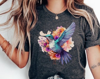 Floral Hummingbird Art T-Shirt: Nature Lover Tee