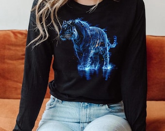 Camiseta de manga comprida Tigre Chama Azul | Camiseta unissex Safari na Selva