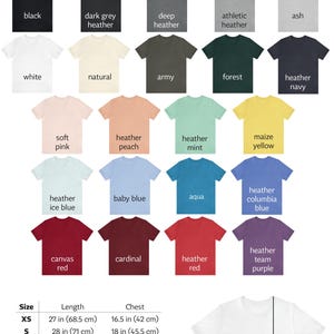 May include: Color and size chart for Unisex Bella+Canvas 3001 T-shirts. The chart displays various colors, including black, white, and heather shades. Measurements are provided in inches for sizes XS to 5XL, detailing length and chest dimensions.