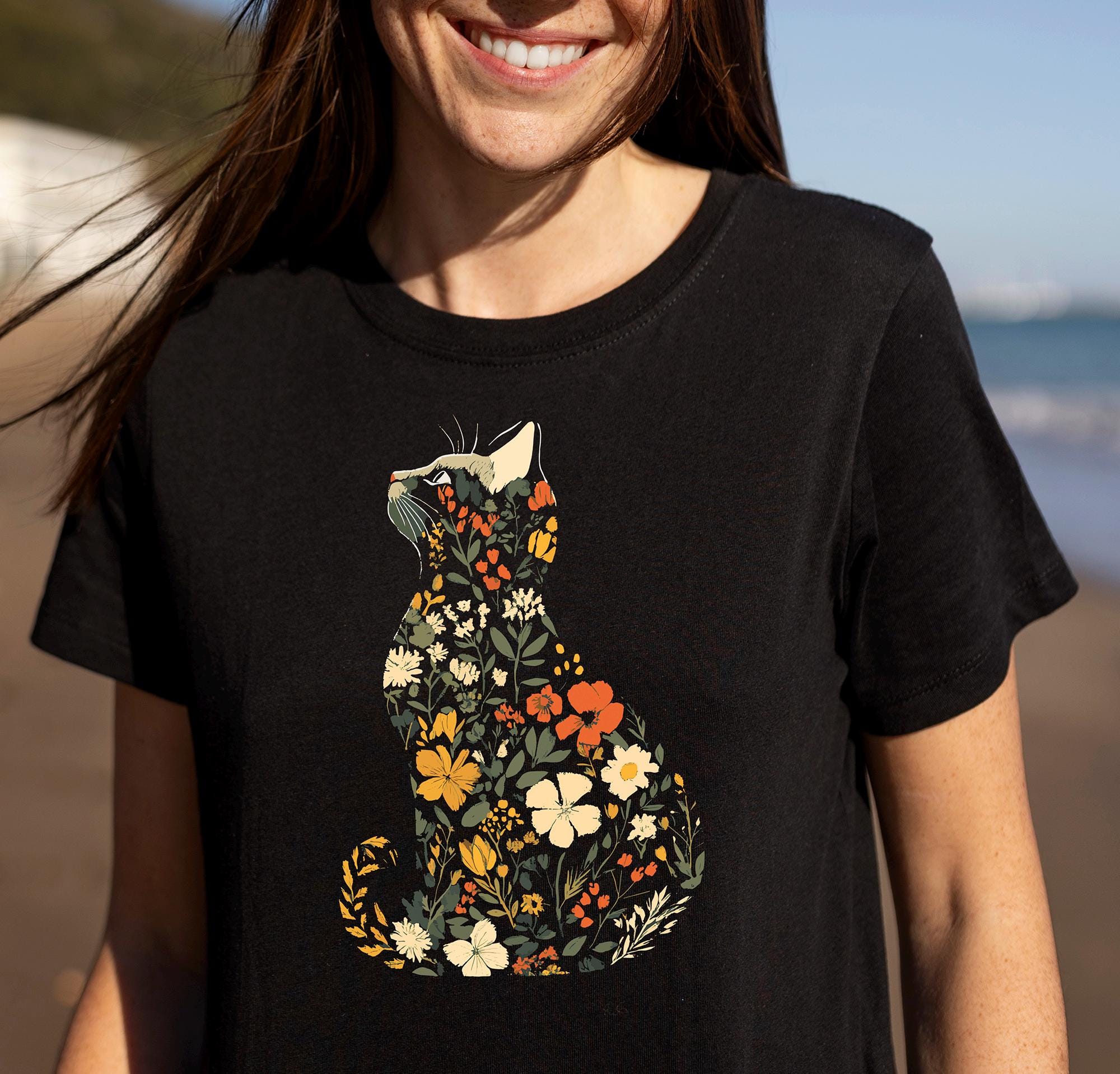 Floral Cat T-shirt: Nature Graphic Tee, Cat Lover Gift, Flower Kitty ...