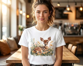 Floral Fawn T-Shirt: Nature Lover Gift, Cottagecore Baby Deer Tee, Wildlife Shirt