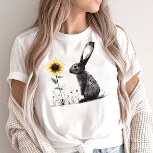 Bunny and Sunflower Shirt, Floral Rabbit T-Shirt, Sunflower Tee, Women Garden Shirt, Cute Bunny Rabbit Shirt, Cute Easter Bunny, Nature Gift