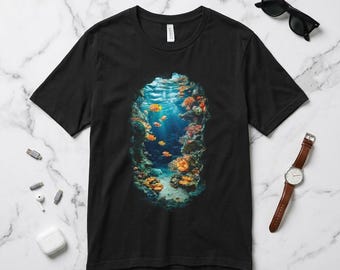 Maglietta con barriera corallina: maglietta con vita sottomarina oceanica, regalo per subacquei, grafica con pesci tropicali