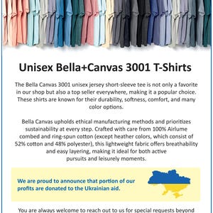 May include: A display of Bella+Canvas 3001 unisex t-shirts in various colors, hanging on a rack. The shirts are short-sleeved and made of a soft, breathable fabric. The image includes text that says "Unisex Bella+Canvas 3001 T-Shirts".