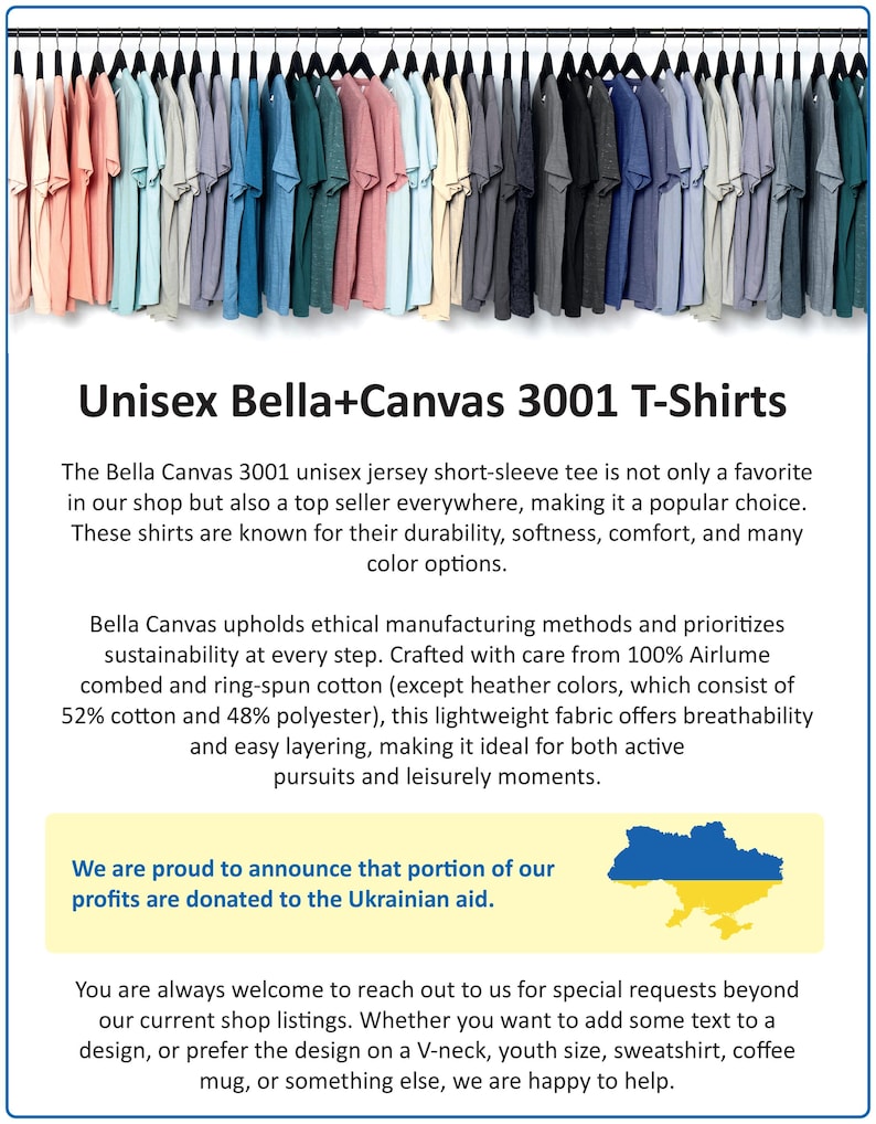 May include: A display of Bella+Canvas 3001 unisex t-shirts in various colors, hanging on a rack. The shirts are short-sleeved and made of a soft, breathable fabric. The image includes text that says "Unisex Bella+Canvas 3001 T-Shirts".