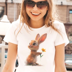 Floral Bunny Tee, Cute Rabbit Shirt, Floral Bunny T-Shirt, Rabbit Tee, Adorable Easter Bunny, Rabbit Lover Gift, Spring Rabbit with Flower