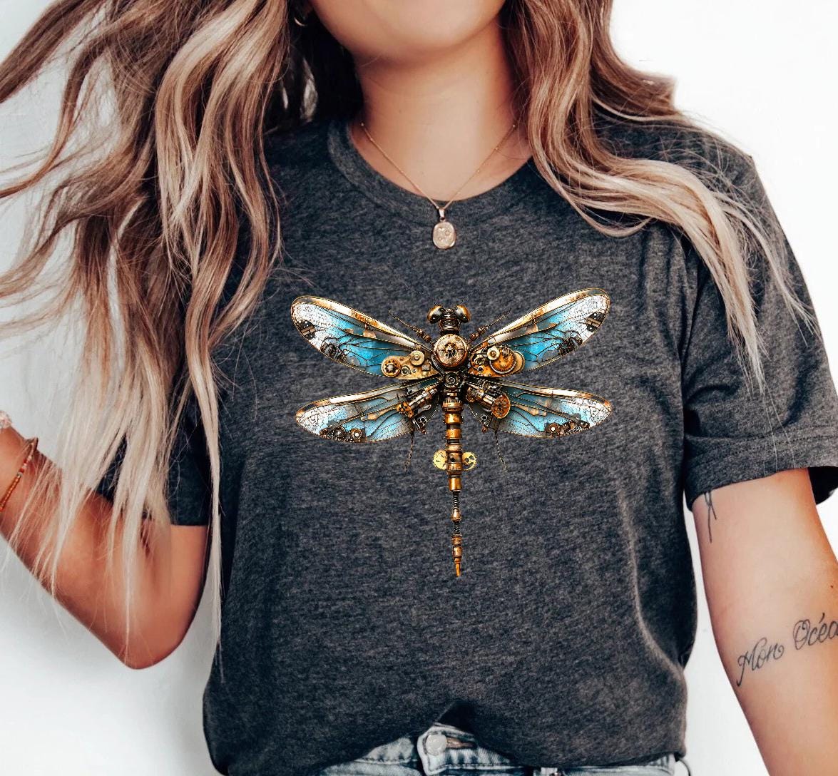 【FRIZMWORKS 】DRAGONFLY EMBLEM TEE Steampunk Dragonfly T-shirt, Vintage Insect Graphic Tee