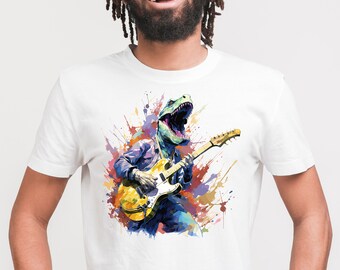 Rockin' Dino Guitarist T-Shirt: Colorful Musician Dinosaur Tee
