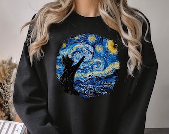 Starry Night Cat Sweatshirt: Van Gogh Art, Whimsical Cat Lover Jumper