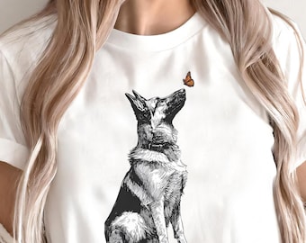 German Shepherd with Butterfly T-Shirt | Pet Owner Tee | Dog Mom Gift