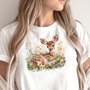 Floral Fawn T-Shirt: Cottagecore Baby Deer Tee, Nature Lover Gift