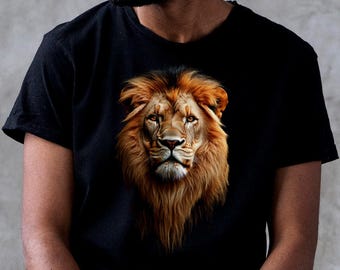 May include: A black t-shirt with a graphic print of a lion's head. The lion has a mane of orange and brown fur.
