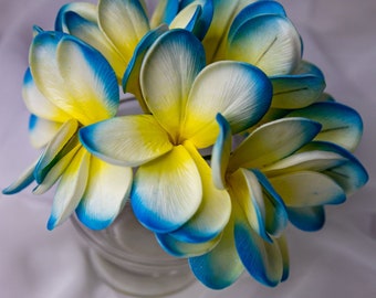 Skye Blue Frangipani Artificial Flowerhead 6 Pack, Real Touch Faux Plumeria, Silk Flower Heads for Wedding Decor, Events
