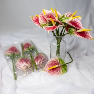 Pink/Green Small Anthurium-(12 Pack) - Realistic Artficial Flowers
