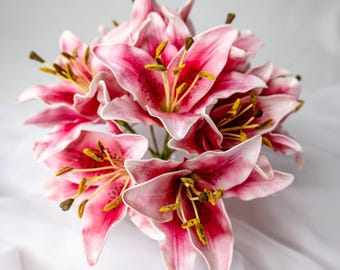 Dark Pink Asiatic Lily Flower Head, Faux Lily Bloom, Real Touch Artificial Flower for Weddings Decor