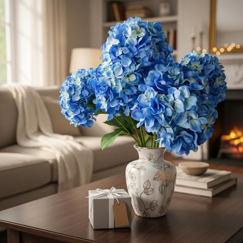 Realistic Blue Hydrangea Soft Touch - Artificial Faux Flowers for Home Decor, Weddings, Office, Bouquets & Special Events image 1