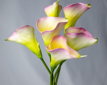 Tallos de lirio de cala de tacto real, flores artificiales de color amarillo y rosa, decoración de ramo de boda,