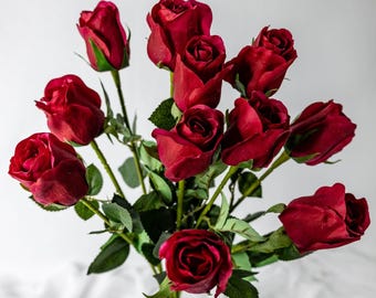 Red Real Touch Open Bud Rose Stem – Artificial Red Rose, Faux Real Touch Rose for Wedding Bouquets, Valentine’s Day & Home Décor